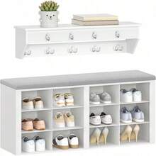 Hzuaneri Hallway Shoe Bench With Coat Rack Wall Mount, 12 Open Storage Compartments & 9 Hooks, Adjustable Shelves For Entryway Living Room, White - White and Gray - View 1