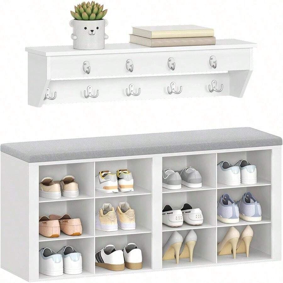 Hzuaneri Hallway Shoe Bench With Coat Rack Wall Mount, 12 Open Storage Compartments & 9 Hooks, Adjustable Shelves For Entryway Living Room, White - White and Gray - View 1