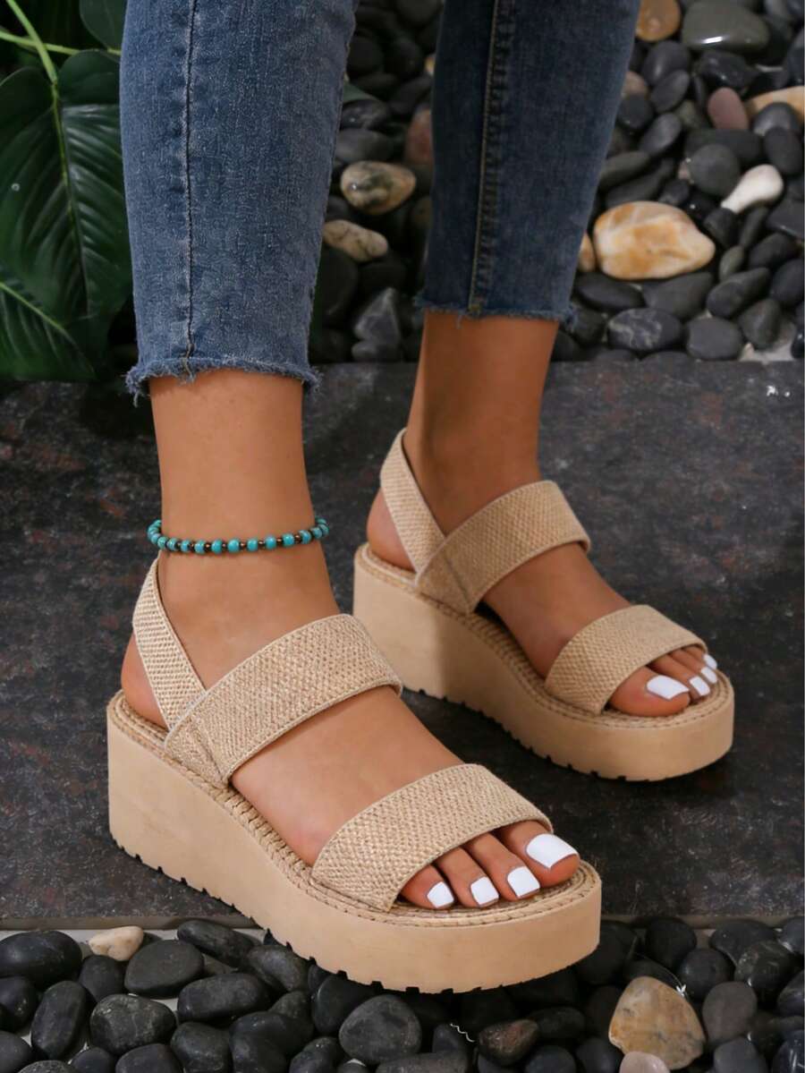 11Platform Sandals For Women - Comfortable Elastic Wedge Heel Slip-Ons, Breathable Wide Straps & Chunky Sole For Height Boost & Slim Look, Versatile Casual Beach Dressy Outfits,Women's Summer Wedge Sandals - Stretchy Adjustable Band Design For Perfect Fit, Thick Sole Lifts & Slims Legs, Easy Match With Dresses/Jeans, Breathable Material For Daily Wear & Vacation,Chunky Platform Beach Sandals Women - Supportive Orthopedic Comfort Straps, Height Increasing Sole, Cute Slimming Visual Effect, Goes Well With Skirts/Shorts, Lightweight & Stable,Women's Fashion Thick Bottom Sandals - Elastic Webbing Adapts To All Foot Shapes, No Blisters Or Tightness, Stylish Lift & Elongate Legs, Perfect For Street Style, Holiday, Pair With Denim/Dresses,Breathable Wide Band Wedge Sandals - Women's Comfortable Slip-On Design For Wide Feet, Versatile Wear With Outfits, Quality Textured Material & Secure Footbed, Ideal Summer Walking Shoes - 米色 - 查看 1