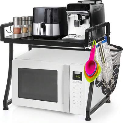 DEAYOU Extendable Microwave Oven Rack, 2-Tier Toaster Stand Utensils Storage With 8 Hooks, Adjustable Kitchen Countertop Organizer Shelf For Air Fryer, Rice Cooker, Spice, 110lbs Weight Capacity