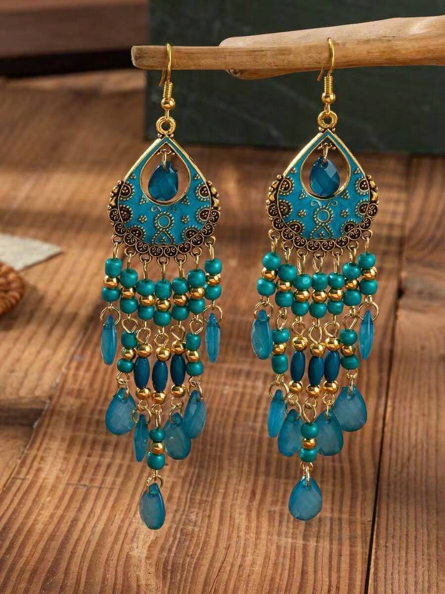 1 Đôi bông tai tua rua phong cách Bohemian cổ điển, thiết kế độc đáo với họa tiết giọt nước giả pha lê cao cấp, phù hợp cho phụ nữ đeo hàng ngày và trong các dịp lễ hội. - Hoa Lan Công - Xem 1