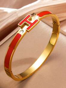1pc 18K Gold Plated Enamel Letter H Bracelet, Stainless Steel Couple Bangle, Best Gift For Women On Valentine's Day, Mother's Day, Christmas, Graduation, Wedding (No Gift Box) - Letter H - View 5