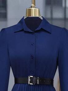 Women's Elegant Pleated Button-Down Long Sleeve Shirt Dress (Belt Not Included), Autumn Spring - Màu xanh nhạt - Xem 11