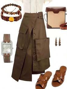 Women's Solid Color Asymmetric/Asymmetrical Casual Skirt, Suitable For All Seasons, Black Cargo Skirt Spring - Cà phê nâu - Xem 5