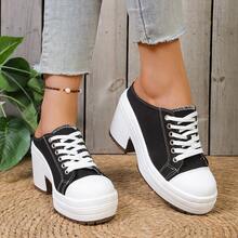 1 Pair Minimalist Solid Color Sweet Chunky Heel Mule Slippers, Closed Toe Design, High Heel Slimming, Lace-Up Closure Fits Foot Shape, Soft Sole Shock-Absorbing, Suitable For Dates And Commuting, Easy To Match In Spring And Summer - Black - View 7
