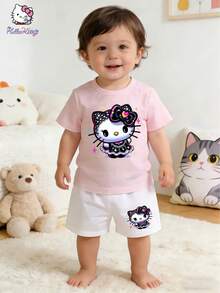 Sanrio Kids' Summer Set - Cute & Fun Anime Hello Kitty Sparkle Dress Pattern Print 2-Piece 4-7 Years Kids Short Sleeve T-Shirt And Shorts, Casual & Minimalist, With Pockets, Perfect For Summer Kawaii Tees Cute Tees 2-Piece Kids Set - Hồng + Trắng - Xem 2