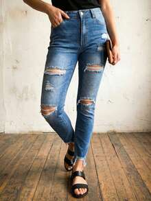 Women's Sexy Skinny Jeans - Ripped Destroyed Stretch Denim Pants With Button Zip Fly, Slim Fit Ankle Jean For Women - Medium Wash - View 5