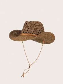 1pc Handmade Fashionable Panama Cowboy Straw Hat, Bohemian Style Beach Sun Hat, Windproof Casual Hat, Suitable For Vacation Travel, Brim Rope Color Random - 卡其色 - 查看 9