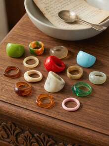 CHOSHILAR 15pcs Retro Resin Ring Set, American Elegant Vintage Style, Colorful Resin Boho Rings For Women, Can Be Worn Alone Or Stacked, Suitable For Street Style, Music Festivals, Birthdays, Graduations, Back To School Gifts For Friends And Classmates, DIY Customizable Holiday Gift (Each Ring Has Unique Patterns Due To Handmade Tie-Dye Technique, Some Color Variations May Occur Between Batches) - Color 9 - View 7