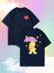 SHEIN | Care Bears 女士宽松圆领短袖T恤，复古卡通狗头和重复字母印花上衣，藏蓝色修身百搭款，趣味图案活力四射，柔软透气舒适，适合日常通勤休闲穿着，也适合美式复古风、街头时尚、学生校园、情侣约会、春季野餐音乐节等场合，是一款基础款T恤。 - 藏蓝色 - 查看 2