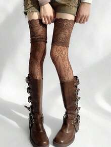A Pair Of Solid-Color Lace Over-The-Knee Stockings, Coffee-Brown Sheer Fishnet Stockings, Suitable For Everyday Wear, Paired With Boots And Leg Warmers. - 1塊棕色零件 - 查看 2