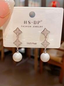 1件装时尚优雅锆石四叶草流苏珍珠耳环，百搭轻盈奢华显瘦耳环，女士适用 - A - 查看 6