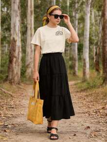 13-16 Years Old Girls Teenager Letter Print T-Shirt & Multi-Layer Patchwork Long Skirt, Black - Apricot - View 5