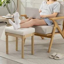 Linen Upholstered Stool, Footrest With Padded Seat, Wooden Stool Legs, 42 X 32 X 46.5 Cm, Beige - Beige - View 1
