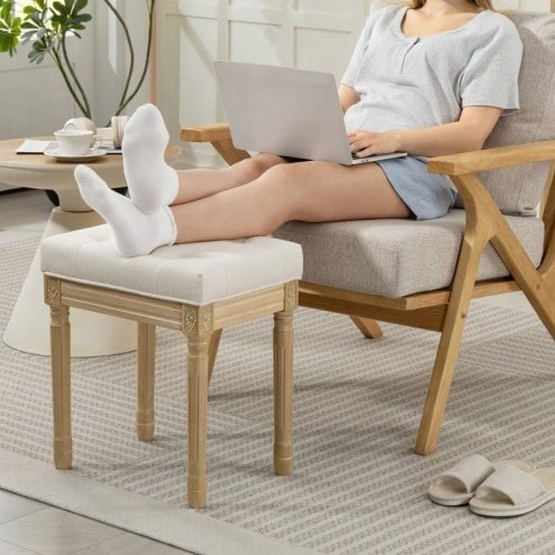 Linen Upholstered Stool, Footrest With Padded Seat, Wooden Stool Legs, 42 X 32 X 46.5 Cm, Beige - Beige - View 1
