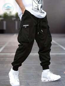 2pcs/Set Men's Casual Utility Drawstring Pants, Grey + Black - Multicolor - View 4