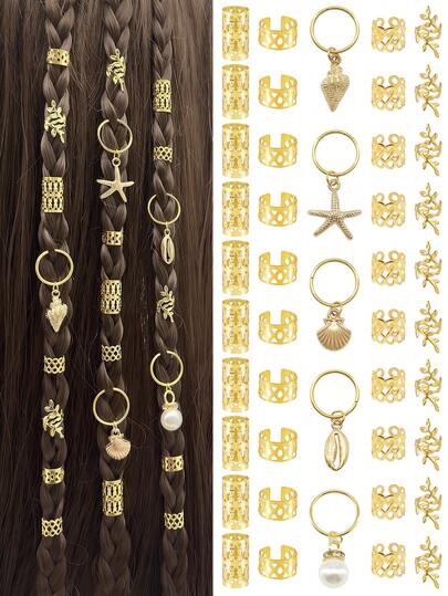 45pcs Ocean Elements Hair Scrunchies, Includes Gold Starfish, Seashell, Conch And White Pearl - Adjustable Alloy Hair Clips In Various Styles, Bohemian Beach Style Hair Accessories Suitable For Braids And Plaits