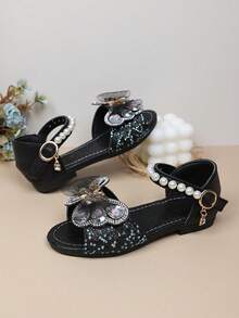 2026新款女童多功能公主鞋，珍珠搭扣设计，网眼蝴蝶水钻PU软底平底露趾凉鞋，适合日常穿着和休闲场合。 - 黑色 - 查看 5