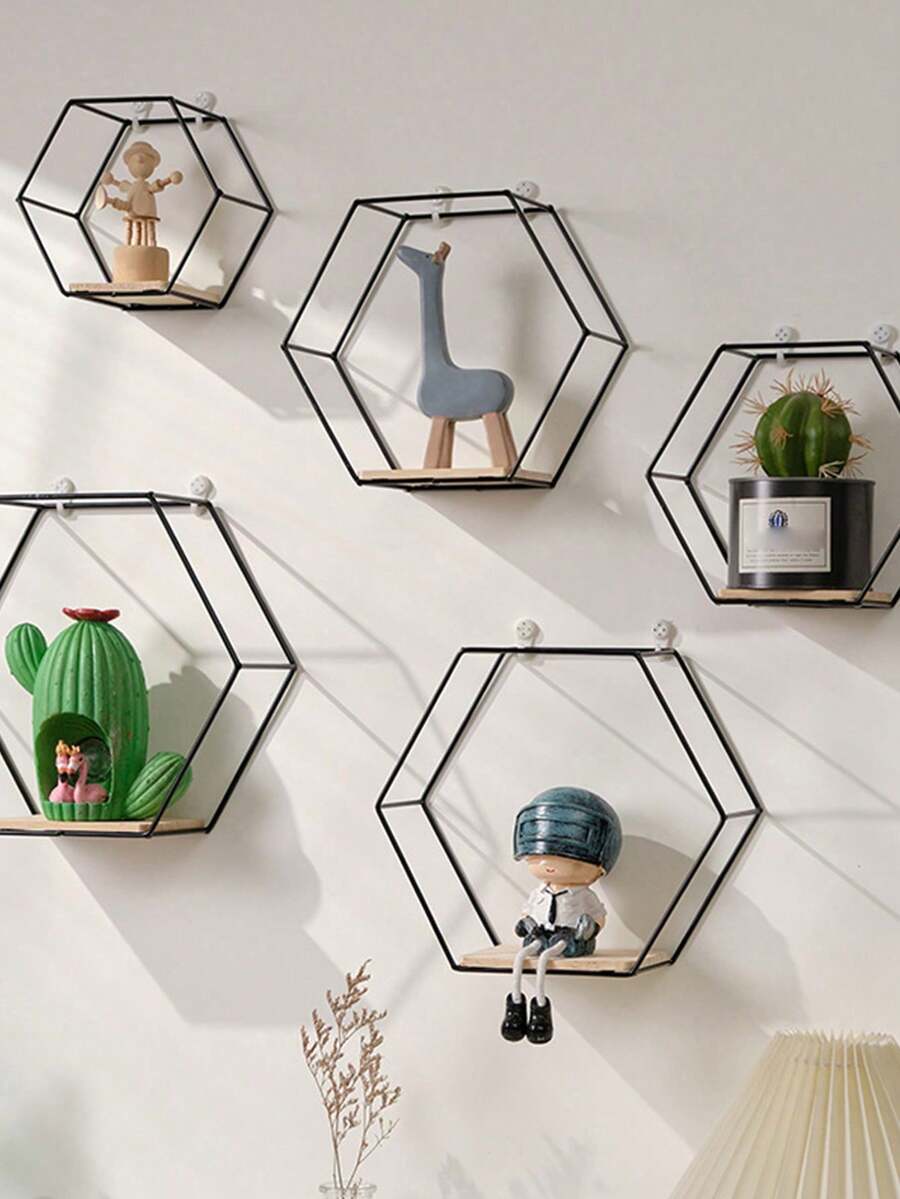 Bộ 3 kệ treo tường hình lục giác màu vàng, kệ trang trí nhà cửa gắn tường, giá trưng bày sách, kệ trang trí nghệ thuật bằng sắt. - màu đen - Xem 1