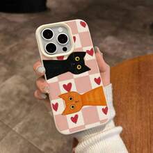 1 pieza Funda de teléfono de material TPU con diseño lindo de gato rosa a cuadros y corazones, adecuada para Apple 17 Pro Max/17/16 Pro Max/15/13/12/11, S20 FE/A15/S24/A55, Note 11/Note 12/Note 13 Pro, con cobertura completa y protección suave anti-caídas - Blanco - Ver 4