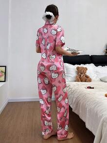 Sanrio Hello Kitty 2026 Women's Silk Pajama Set, Short Sleeve Button Front Lapel Bow Cartoon Cute Front Button Pocket Contrast Trim - Pink - View 2