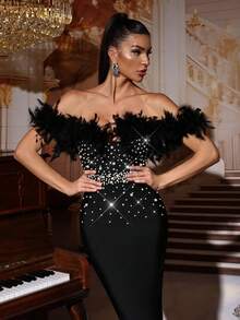 Vestido ajustado con escote hombros descubiertos, espalda descubierta y cordones, con detalles de encaje y perlas con efecto de plumas, elegante para invitadas de boda Vestido - Negro - Ver 8