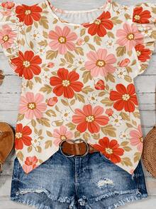 Blusa de manga corta con volantes y estampado floral bohemio para vacaciones, color rojo - Rojo - Ver 9