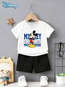 Bộ áo thun ngắn tay và quần short hình chuột Mickey dễ thương cho bé trai sơ sinh của Disney, họa tiết hoạt hình, co giãn, phù hợp cho bé mặc hàng ngày, món quà tuyệt vời. - trắng - Xem 2