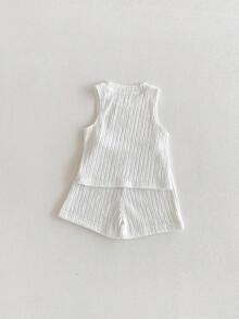 婴幼儿男女通用休闲套装 - 白色竖条纹无袖上衣+短裤两件套 - 白色 - 查看 5