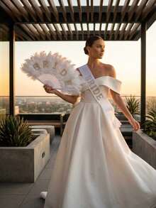 2pcs/Set - Bridal Feather Fan & Belt Set, White Fluffy Hand Fan With "Bride" Letter Pearl Decor, Bridesmaid Party Bridal Shower Wedding Photography Bridal Accessories, Bridal Party Decor, Wedding Greeter Decoration - White - View 7
