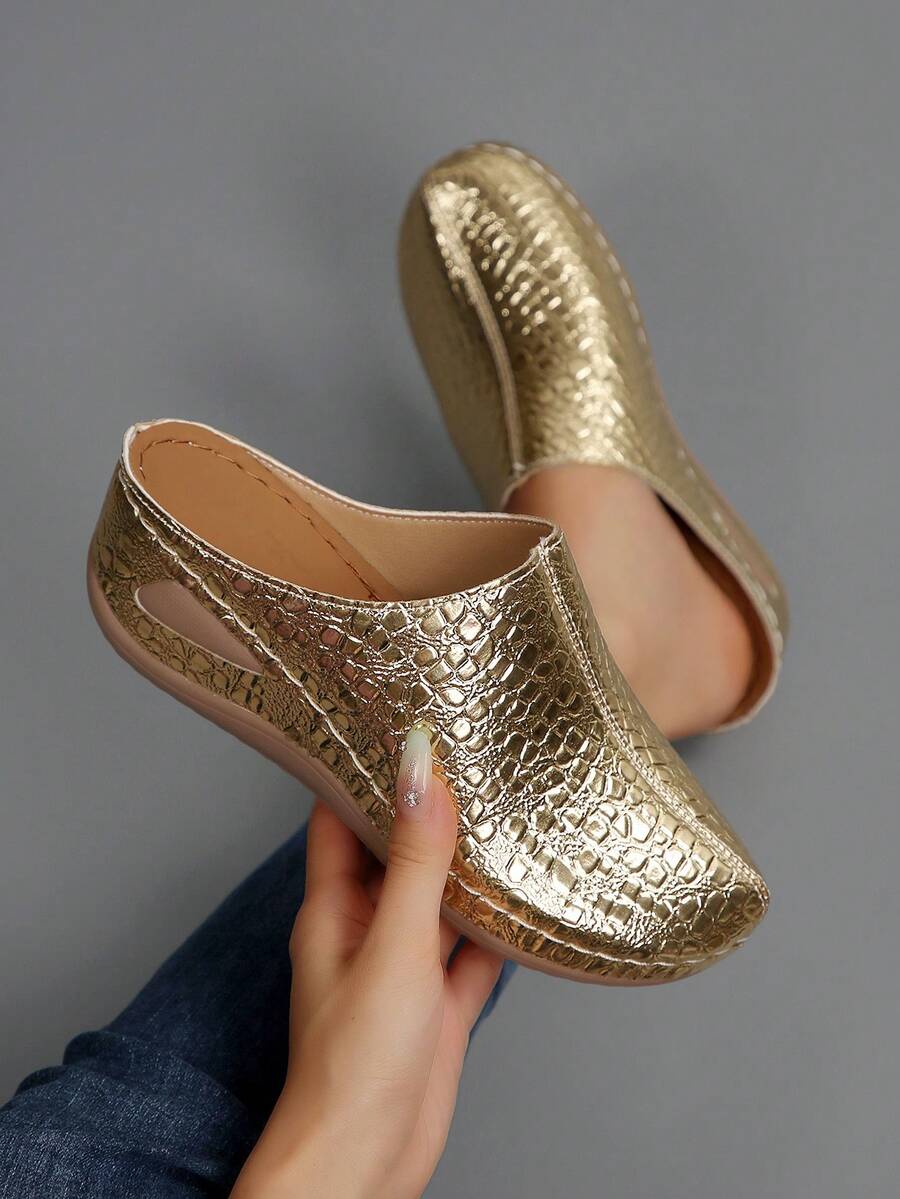 Glossy Gold Wedge Sandals, Retro Closed Toe Thick Soft Bottom Comfortable Women's Outdoor Shoes