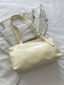 1pc Vintage Large Capacity Tote Bag, Commuter Oversized Underarm Bag, Fashion Motorcycle Bag, PU Solid Color Oiled Wax Leather, Strap Decor, Zipper Closure, Women's Shoulder Bag For Work/School/Travel/Gift, Best Choice For Daily Use - Yellow - View 5