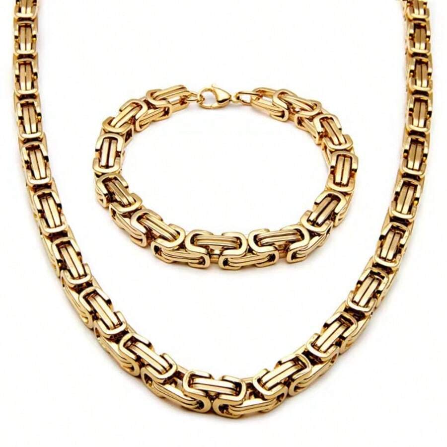 1 set Collier et bracelet en chaîne tressée byzantine en acier inoxydable, convient pour le style de bijoux de cyclisme, punk, hip-hop et rock pour hommes