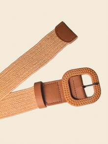 1PC Bohemian Style Square Buckle Woven Elastic Women's Belt, Casual Summer Style Suitable For Dresses, Suits, Etc. - Khaki - View 6