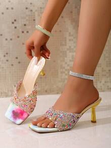 Giày sandal cao gót nữ, thiết kế đính sequin nhiều màu sắc, mũi vuông, gót thấp, sandal vàng, thanh lịch và thời trang, sandal công chúa mùa hè đính đá lấp lánh, lý tưởng cho các dịp trang trọng như đám cưới, tiệc tùng, hẹn hò. Thiết kế xỏ chân tiện lợi, giày cao gót và dép cao gót đính pha lê nhiều màu sắc, hoàn hảo cho những buổi khiêu vũ cuối tuần. - Nhiều màu - Xem 3