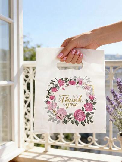 100pcs/50pcs Thank You Gift Bags, Wedding Party Favor Bags, Birthday Gift Bags, Jewelry Cosmetic Packaging Bags, Reusable Birthday Party Decor & Supplies Shopping Bags, Christmas Party Decor Christmas Gifts Halloween Party Decor White Background Pink Floral Thank You Plastic Gift Bag Set With Gold Foil "Thank You" Design - Fashionable