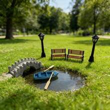 Kit de modèle de mini-jardin | Design architectural en résine, comprend un lampadaire, un banc, un bateau et un pont | Décoration de table pour événements de mariage - A - Voir 6