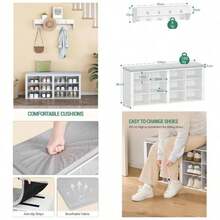 Hzuaneri Hallway Shoe Bench With Coat Rack Wall Mount, 12 Open Storage Compartments & 9 Hooks, Adjustable Shelves For Entryway Living Room, White - White and Gray - View 2