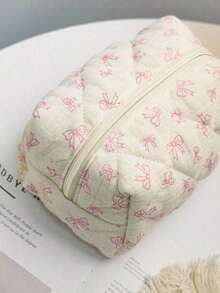 Cute Bow Make Up Bag Cute Bow Knot Pattern Toiletries Bag Travel Make Organizer Zipper Pouch, Quilted Cosmetics Bag, Stylish Foldable Commuter Makeup Bag For Brushes Aesthetic Cosmetic Bag For Gift, Friend, Girls, Student Quilted Floral Flower Zippered Makeup Bag Cute Floral Cosmetic Bag With Zipper Gift Storage Jewelry Organizer Box Bathroom Set Valentines Back To School Supplies 0OOE - Màu xanh lam - Xem 3