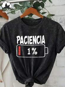 Plus Size Women Daily T-Shirt With PACIENCIA 1% Battery Icon Print - Black - View 3