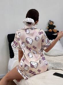 Dreamivo Silk Pajama Set, Short Sleeve Button Front Lapel Bow Cartoon Cute Front Button Pocket Contrast Trim - Yellow - View 2