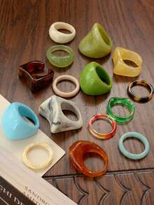 CHOSHILAR 15 piezas/Set Anillos de banda gruesa de resina transparente, anillos de dedo personalizados con mezcla y combinación de patrón jaspeado y forma asimétrica (Debido al proceso de jaspeado hecho a mano, cada anillo tiene un patrón único y puede haber alguna diferencia de color entre lotes) - Color 4 - Ver 3