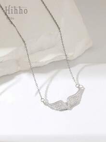 Hihho 1pc Luxury Women's Pendant Necklace With Zirconia Gems Inlaid Angel Wing & Hollow Water Drop Design, Jewelry Gift - 黃金 - 查看 2