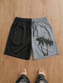Men's Casual Coconut Tree Print Shorts, Men's Beach Shorts, Men's Printed Colorblock Shorts Sports - Black - View 3