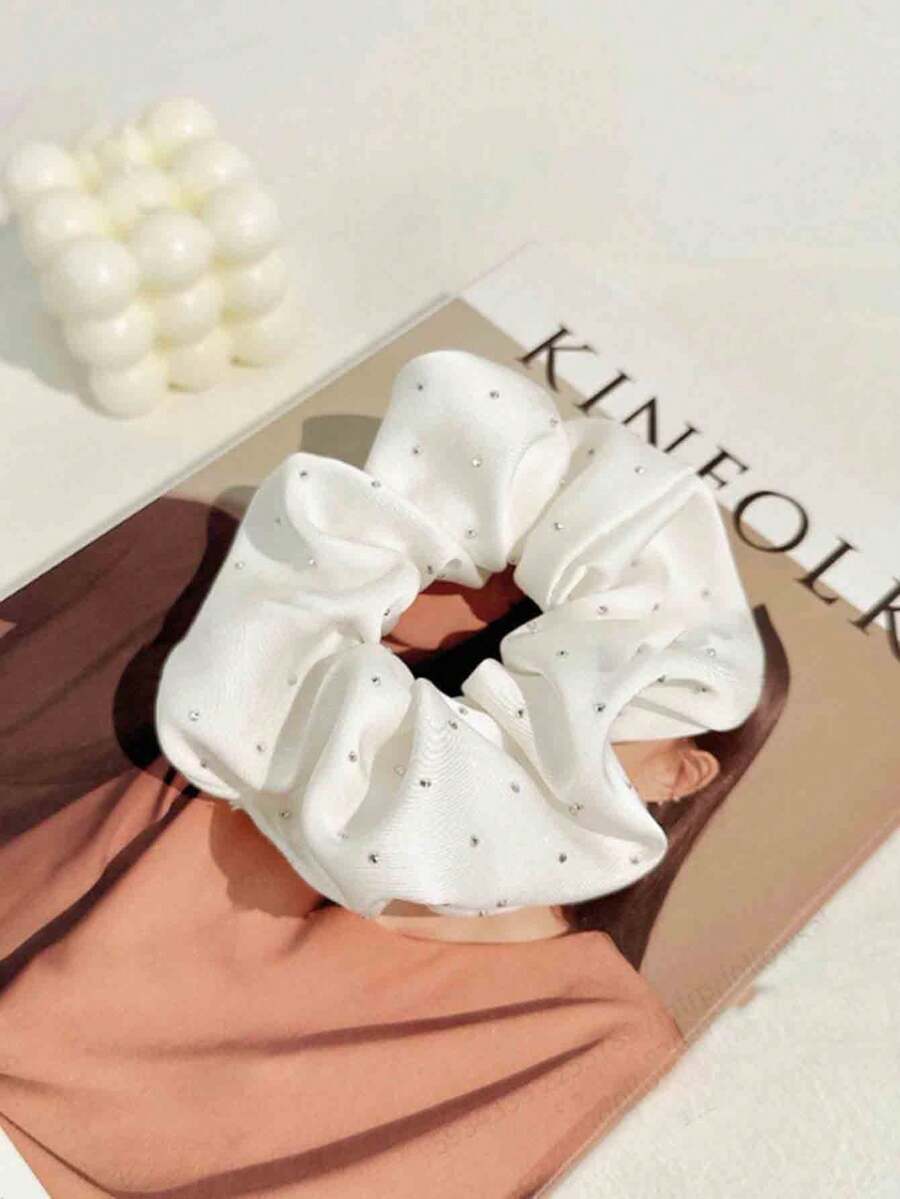 1pc White Rhinestone Decorated Scrunchie, Fabric Hair Tie For Wedding, Party, Korean, Chinese, Japanese Elegant Luxury Hair Accessory Holiday Accessories Ponytail Holders Hair Elastics Hair Rubber Bands Hair Rope Elastic Hair Tie - White - View 1