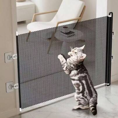 Puerta de mascota expandible con malla de PVC, fácil instalación, adecuada para perros pequeños, gatos y otras mascotas, sin necesidad de perforar para evitar que las mascotas se escapen, aplicable a escaleras, pasillos y porches, valla de puerta de malla ligera, puerta de mascota al aire libre, solución de valla para mascotas, diseño retráctil, puerta extensible, barrera de malla para mascotas, puerta para mascotas, pequeña mascota del hogar, propietario de mascotas