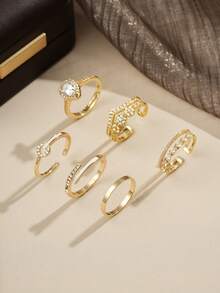 6件套金色黄铜材质法式高端奢华小众设计立方氧化锆皇冠和平结交织水钻戒指套装，适合女性日常、婚礼、节日佩戴 - 戒指套裝F - 查看 3