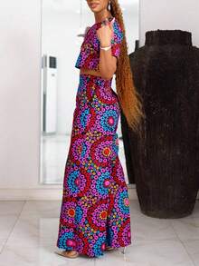 Women's Bohemian Style 2 Pieces Set, Including Round Neck Cropped Top And Flowy Wide-Leg Pants, Creating A Fashionable Vacation Look Summer - Hot Pink - View 3
