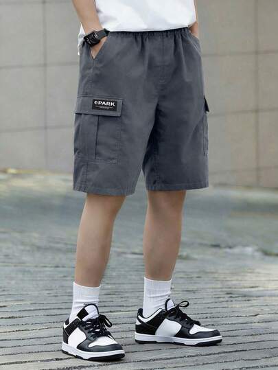 1 件装 Tween Boy 休闲运动户外口袋短裤，带英文补丁，春/夏/秋季