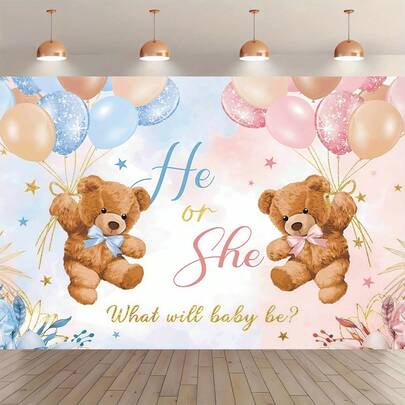 1 Gender Reveal Party Backdrop Banner - Cute Teddy Bear With Blue And Pink Balloons, 'He Or She' Text, Suitable For Indoor/Outdoor Use, Perfect For Photo Background And Event Planning